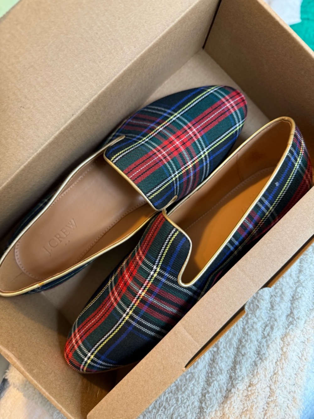 J. Crew Plaid Slip-On Loafers in Red, Green, Navy